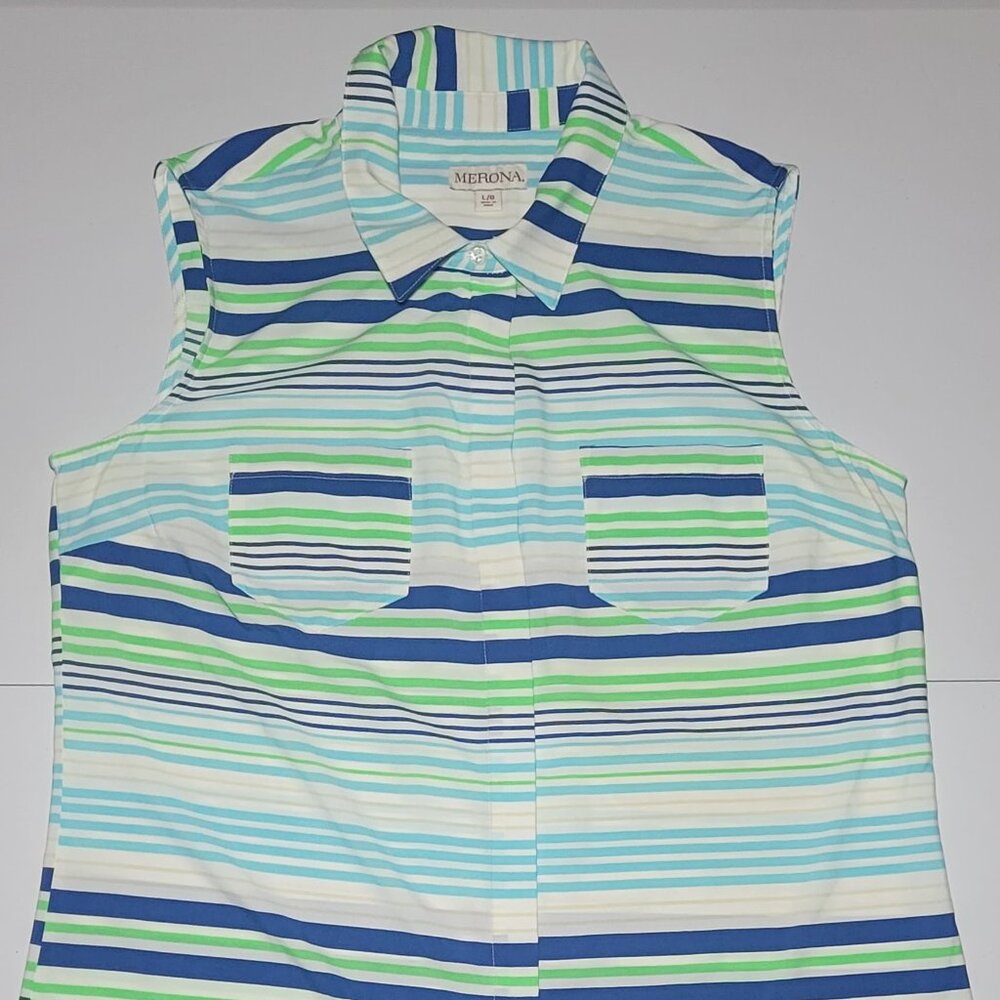 Merona Womens Green Blue White Sleeveless Striped Button Up Blouse Size Large